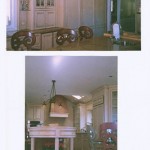 The antiqued faux finish on this kitchen make it seem old. The panels on the refrigerator tie in well with the other cabinets. Decorative molding and base of the cabinets help make the cabinets look like furniture. The round display island has four wedge shaped drawers. The legs are round and fluted sitting on a shelf, with a ball under the shelf