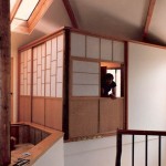 The soji screens were designed to close off a home office. The three screens in the front slide to the right. The panel above the stairs is fixed and the window panel slides open. I think the screens go well with the rough framing and straw mats in this Japanese style home.
