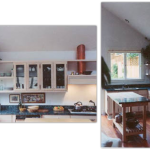This kitchen is unique that the upper shelving is the top and bottom of the display cabinet. The shelves also look like they are suspended in air ( no visitable brackets).The style of cabinet is a face frame cabinet ,the doors are 3/8 in. inset, which is a traditional style.
