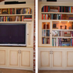 This entertainment center / hutch goes well with the customers old world decor.The cabinets below are storage for the components and stereo equipment. The wide screen TV pulls out and swivels so they can watch TV from the dinning area. There is room for DVD storage in the narrow cabinets on the sides of the TV. The back of the bookcase area is alder planks the way it would have been built the turn of the century