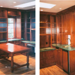 This home office is built in cherry with a dark stain, the table matches the cabinets and wainscot.